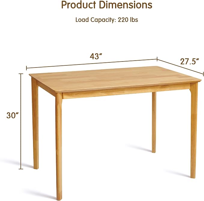 Small Dining Table, 43 Inch Rectangular Solid Wood Kitchen Table for Small Space, Easy Assembly, Dining Room Table for Home, Apartment, Office, Natural