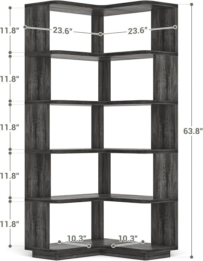 Armocity Corner Book Shelf - 6 Tier Corner Bookshelf Etagere Bookcase with Baffle, Freestanding L Shaped Display Shelf Stand for Home Office, Living Room, Bedroom, Kitchen, Grey Oak