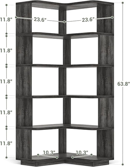 Armocity Corner Book Shelf - 6 Tier Corner Bookshelf Etagere Bookcase with Baffle, Freestanding L Shaped Display Shelf Stand for Home Office, Living Room, Bedroom, Kitchen, Grey Oak