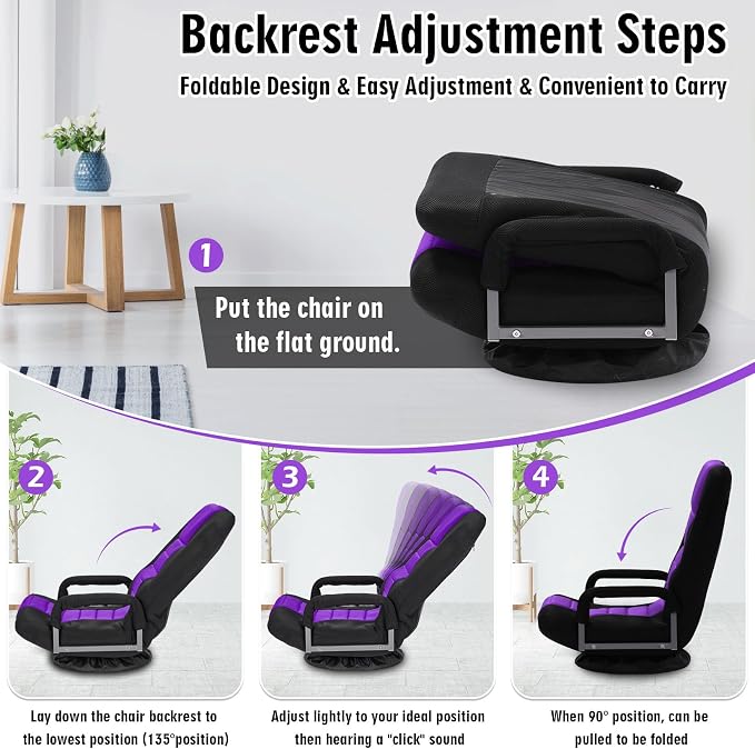 Swivel Floor Gaming Chair w/Armrests,Folding Video Reclining Sofa w/6 Adjustable Position, Padded Backrest & Cushion, Lazy Lounger Couch for E-Sports, Reading, Relaxing, Watching TV, Purple