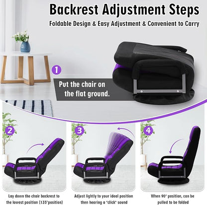 Swivel Floor Gaming Chair w/Armrests,Folding Video Reclining Sofa w/6 Adjustable Position, Padded Backrest & Cushion, Lazy Lounger Couch for E-Sports, Reading, Relaxing, Watching TV, Purple