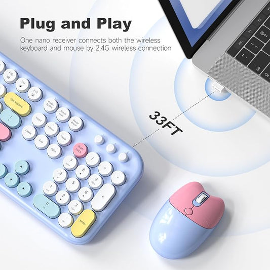 Dilter Wireless Keyboard and Mouse Combo, Full-Sized Typewriter Keyboards, Cute Cat Shaped Wireless Mouse, USB Plug and Play for Windows, Computer, PC, Laptop, Desktop (Blue Colorful)