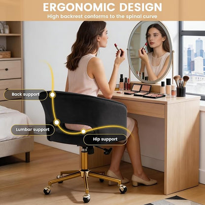 Vanity Chair with Back 360 Swivel Armchair and Gold Base, Criss Cross Chair with Wheels for Vanity Home Office, Living Room, Bedroom and Study (Black)