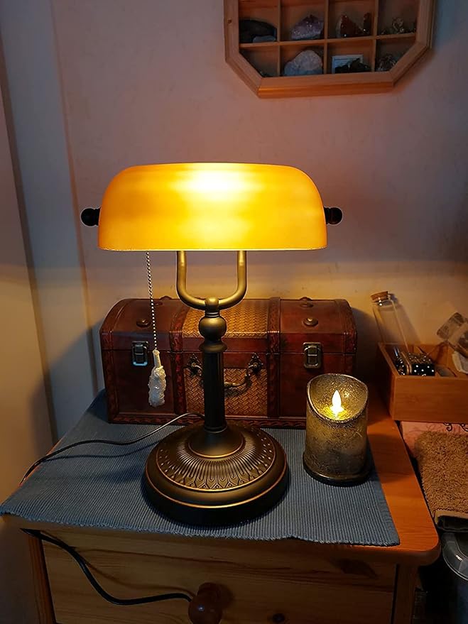 Matted Orange Glass Bankers Desk Lamp with Pull Chain Switch Plug in Fixture | Pull Chain Switch Plug in Fixture
