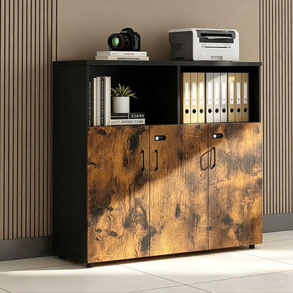 File Cabinet with Password Lock, Wood Lateral Filing Cabinet for Letter/A4 Files, 3 Drawer with Door, Printer Stand with Open Shelves for Home Office