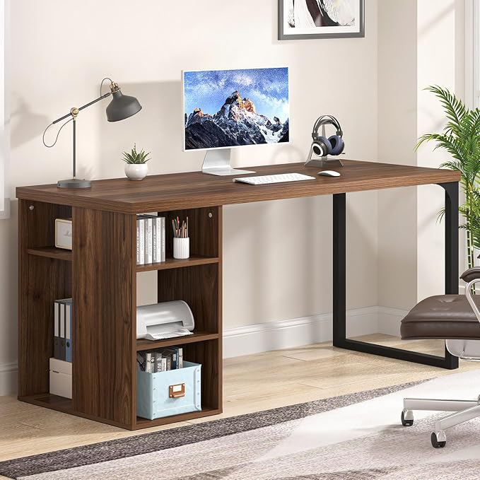 EXCEFUR Home Office Desk with Storage, Modern Computer Desk with Reversible Shelves, Gaming Study Writing Table Workstations for Living Room Bedroom, 53 Inch, Rustic Walnut