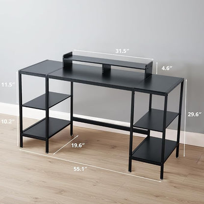 MINOSYS Computer Desk 55-inch with Storage Shelf - Black Ideal Gaming Desk for Bedrooms, Small Spaces, and Home Offices Modern Writing Desk for PCs.