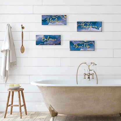 FENCORDAR 4 Piece Blue and Gold Wall Decor Set Motivational Wall Decor Inspirational Wooden Signs for Bedroom Bathroom Women’s Office Abstract Elegant Art for Home or Office Decoration 10X4 Inches