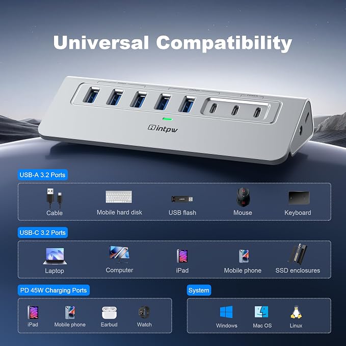 Powered USB Hub 10Gbps, Intpw YH6AC Plus 10-Port USB Hub 3.2 (USB A/USB C 3.2+3 USB-A 3.0+2 PD 45W Fast Charging Port+SD/TF Card Reader), 65W Power Adapter,Aluminum USB HUB for PC,Laptop,iPhone 17/16