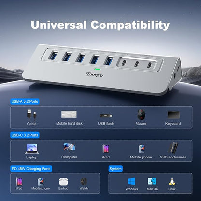 Powered USB Hub 10Gbps, Intpw YH6AC Plus 10-Port USB Hub 3.2 (USB A/USB C 3.2+3 USB-A 3.0+2 PD 45W Fast Charging Port+SD/TF Card Reader), 65W Power Adapter,Aluminum USB HUB for PC,Laptop,iPhone 17/16