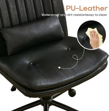 IPKIG Criss Cross Chair, Small Armless Desk Office Computer Chair with Wheels and Lumbar Pillow, Comfy Adjustable Swivel Task Vanity Chair, PU Leather, Glossy Black