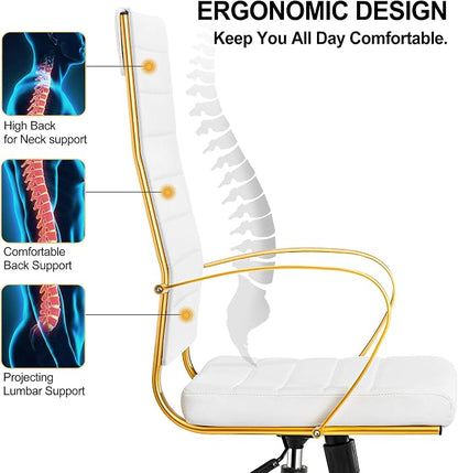 Ergonomic Office Chair, High Back Executive Chair in White Vegan Leather with Gold Accents, Adjustable Desk Chair with Back Support for Home Office(White)