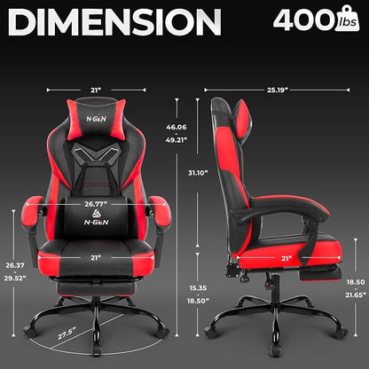 N-GEN GAMING Gaming Chair Big and Tall Computer Heavy Duty Office Desk Chair with Footrest Ergonomic Lumbar Support High Back Recliner for Adults (Red)