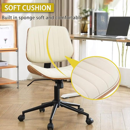 Home Office Desk Chair with Wheels, Modern PU Leather Swivel Computer Chair, Armless Upholstered Cirss Cross Vanity Chair for Home Office, Reading, Meeting, Beige