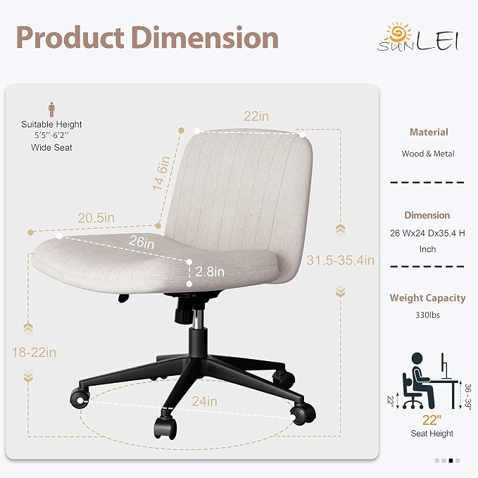 SUNLEI Cross Legged Office Chair with Wheels, Armless Wide Chair's for Vanity Desk, Criss Cross Comfy Chairs with Back, Desk Chair/s of Height Adjustable Swivel, White