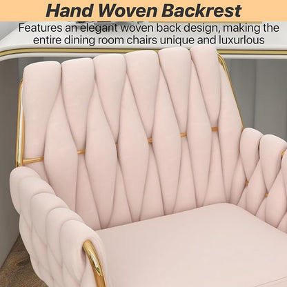 Velvet Home Office Chair, Modern Height Adjustable Cute Vanity Chair, 360° Swivel Makeup Chair with Golden Base and Hand Woven Backrest for for Bedroom/Study/Vanity(Light Pink)