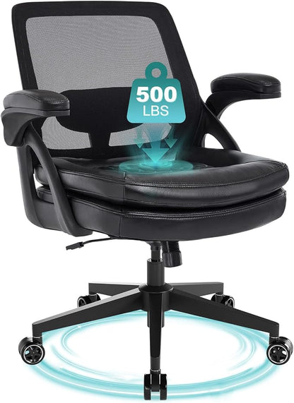 Big and Tall Office Chair, 500lbs Mesh Heavy Duty Ergonomic Desk Chair with Flip-up Armrests, Plus Size Wide Seat in PU Leather, 360 Swivel Computer Executive Task Chair for Home Office (Black)