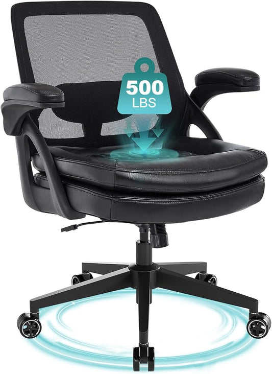 Big and Tall Office Chair, 500lbs Mesh Heavy Duty Ergonomic Desk Chair with Flip-up Armrests, Plus Size Wide Seat in PU Leather, 360 Swivel Computer Executive Task Chair for Home Office (Black)