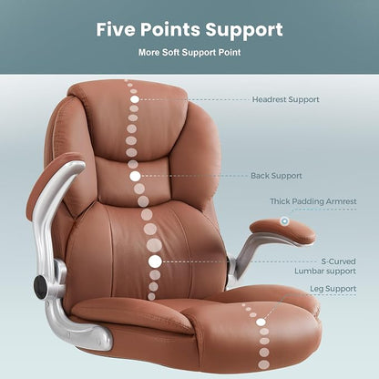 IWMH Executive Office Chair, Ergonomic Big and Tall Computer Desk Chair, High Back PU Leather Chair with Padded Flip-up Armrest, Lumbar Support Swivel Rolling Chairs Brown