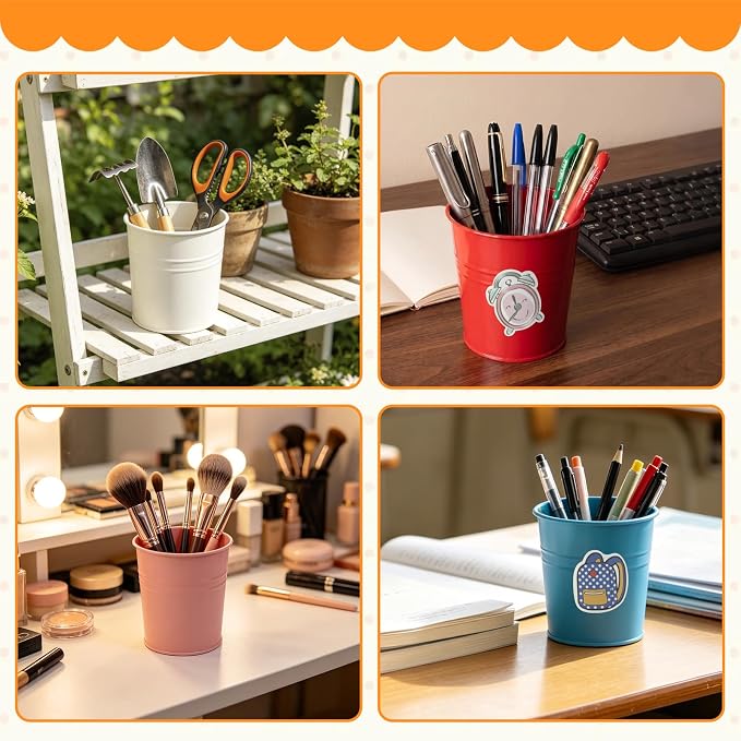8 Pcs Colorful Metal Pen Holder, Desktop Pencil Cups with School Theme Sticker, Mini Pencil Bucket Makeup Brush Storage Organizer, Crayon Organizer for Classroom Office Home Stationery Supply