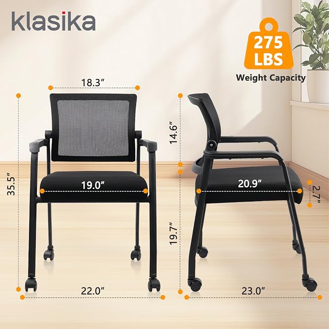 KLASIKA Waiting Room Chairs with Wheels, Adjustable Mesh Backrest, Desk Chair with Ergonomic Lumbar Support and Thickened Seats Cushion, 8 Pack Black