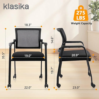 KLASIKA Waiting Room Chairs with Wheels, Adjustable Mesh Backrest, Desk Chair with Ergonomic Lumbar Support and Thickened Seats Cushion, 2 Pack Black