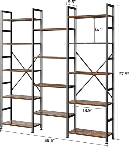 SUPERJARE Triple Bookshelf, Bookcase with 14 Open Display Shelves, Wide Book Shelf Book Case for Home & Office, 5 Tier, Brown