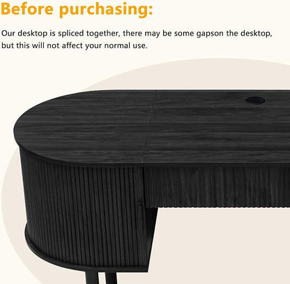 ORRD Home Office Oval Desk with Sliding Tambour Door and Drawer, Modern Fluted Wood Executive Computer Storage Desk for Study, Living Room, Bedroom, Office - Black