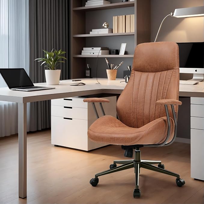 Home Office Chair,Ergonomic Computer Chair with Lumbar Support Adjustable Height,Mid-Century Modern Office Chair with Rolling Swivel Chair for Home Office Game Study(Suede High Back Chair,Light Brown)