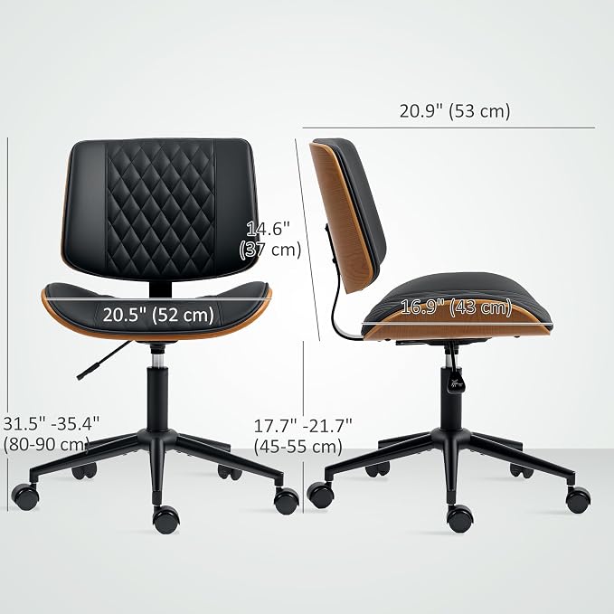 HOMCOM Home Office Chair No Arms with Wheels, PU Leather Mid Back Small Desk Chair with Adjustable Height, 360 Degree Swivel for Office, Reading, Meeting Room, Black