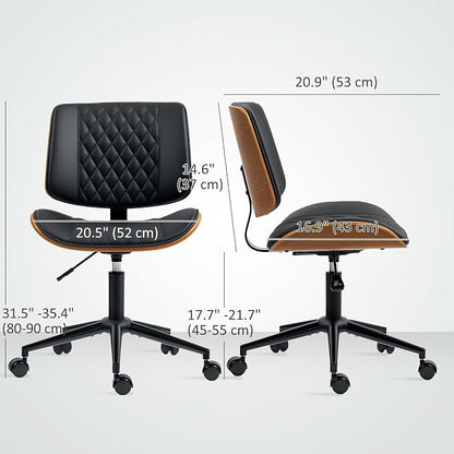 HOMCOM Home Office Chair No Arms with Wheels, PU Leather Mid Back Small Desk Chair with Adjustable Height, 360 Degree Swivel for Office, Reading, Meeting Room, Black