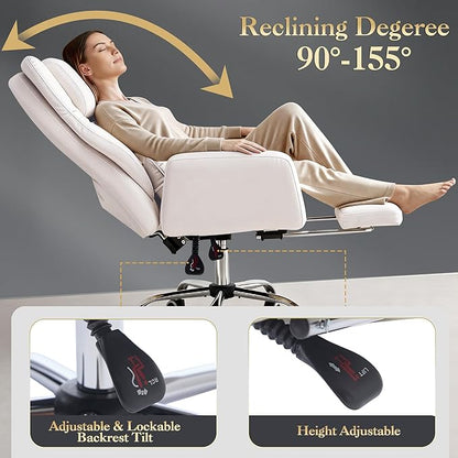 High Back Executive Office Chair with Footrest, Reclining PU Leather, Lumbar Support, Criss Cross Style, 155° Recline (Beige)