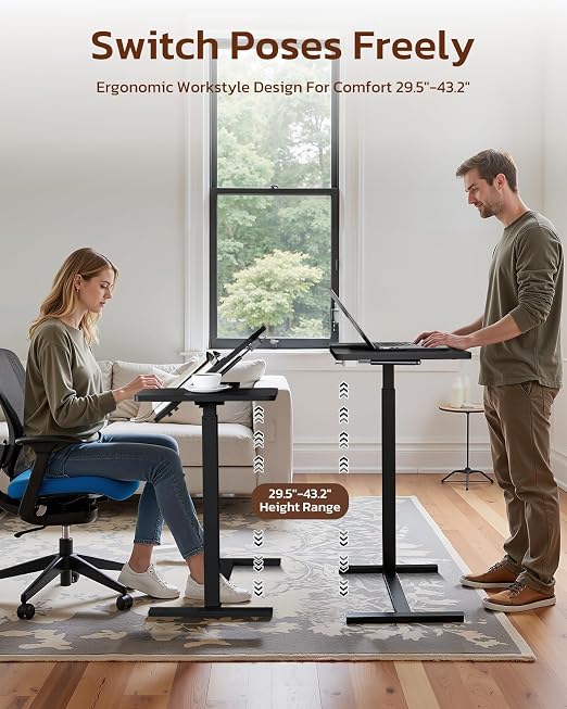Simple Deluxe Standing Rolling Desk with Hidden Casters, Height Adjustable Pneumatic Mobile Laptop Desk, Tilting Bedside Table for Laptop, Overbed Bedside Table Hospital Home Use, Black
