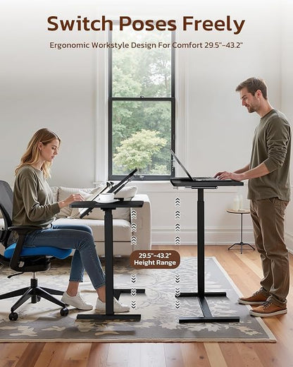 Simple Deluxe Standing Rolling Desk with Hidden Casters, Height Adjustable Pneumatic Mobile Laptop Desk, Tilting Bedside Table for Laptop, Overbed Bedside Table Hospital Home Use, Black