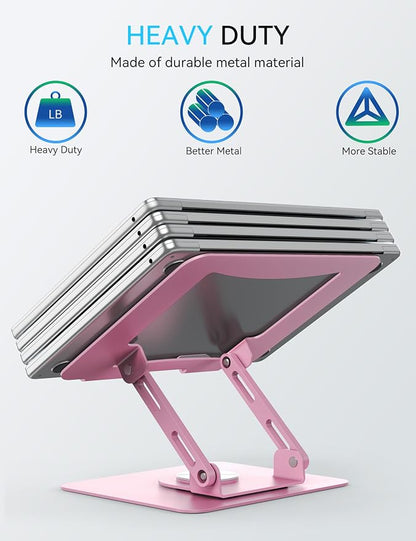 SOUNDANCE 360 Rotating Laptop Stand, Ergonomic Computer Riser for Desk, Adjustable Height Multi-Angle Metal Holder, Foldable Portable Notebook Elevating Base for Office & Home, Pink