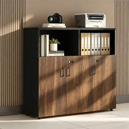 File Cabinet with Password Lock, Wood Lateral Filing Cabinet for Letter/A4 Files, 3 Drawer with Door, Printer Stand with Open Shelves for Home Office