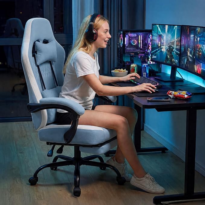 Computer Gaming Chair - High Back Ergonomic Desk Chair with Footrest and Lumbar Support, Height Adjustable Task Chair with Linkage Armrests and Headrest, 360° Swivel Wheels, Blue