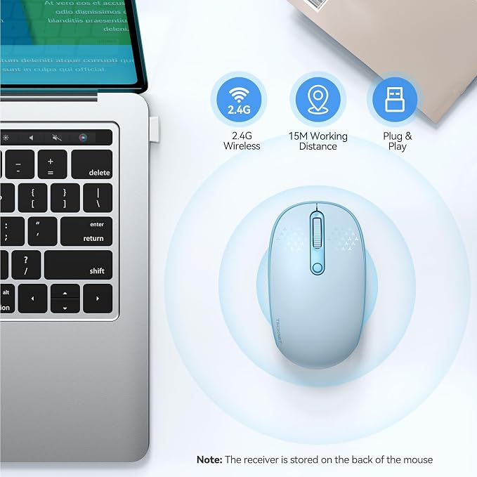 TECKNET Wireless Mouse, 2.4G Quiet Computer Mouse with USB Receiver, 4 Buttons Portable Cordless Mice for Chromebook, Laptop, PC, Mac, 800/1200/1600 DPI - Blue