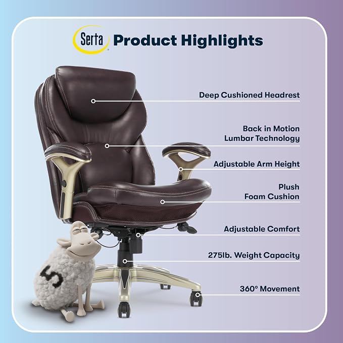 Serta Claremont Executive Office Chair with Back-In-Motion Technology, Ergonomic Mid-Back with Pivot Lumbar Support & Seat, Plush Cushion, Body Pillows, Adjustable Arms, Bonded Leather, Chestnut Brown
