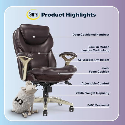 Serta Claremont Executive Office Chair with Back-In-Motion Technology, Ergonomic Mid-Back with Pivot Lumbar Support & Seat, Plush Cushion, Body Pillows, Adjustable Arms, Bonded Leather, Chestnut Brown