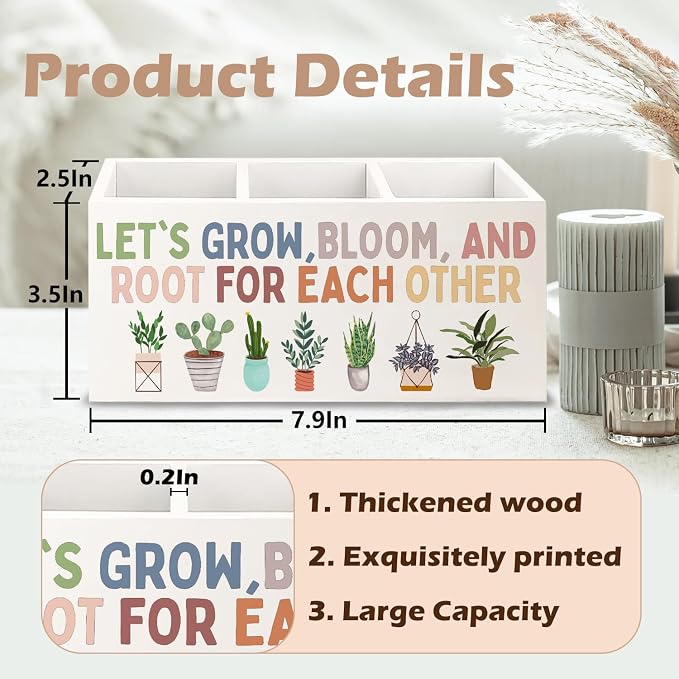 Boho Plant Classroom Wooden Pen Pencil Holder for Office Desk Accessories, Back to School Supplies for Students College Boys Girls Teachers First Day of School, Let's Root for Each Other