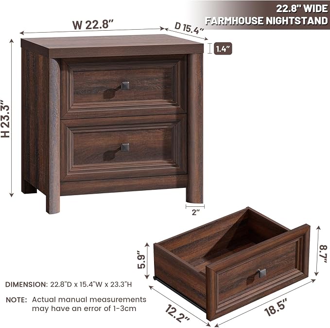 Standifurno Walnut Night Stand with Drawers, Rustic Washed Walnut Nightstand, Farmhouse Bed Side Table for Bedroom, Bedside End Table for Living Room, Bedroom Furniture, Large Storage Wood Nightstand