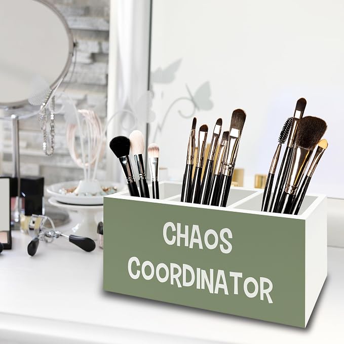 Chaos Coordinator Green Pen Pencil Holder Organizer for Desk, Thank You Gifts for Women Men Coworkers Boss Leader Manager, Appreciation Gifts Wooden Box Sign for Office Tabletop Decorations