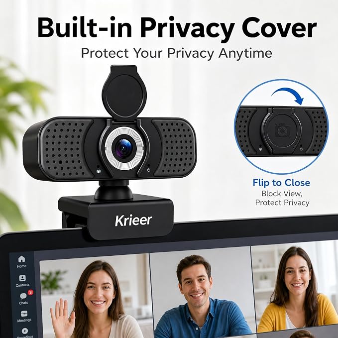 1080P HD Webcam with Dual Mics, Rotatable Tripod, Privacy Cover & USB‑A to C Adapter – Plug & Play USB Camera with Auto Light Correction for PC/Laptop, Video Calls, Streaming, Gaming & Online Meetings