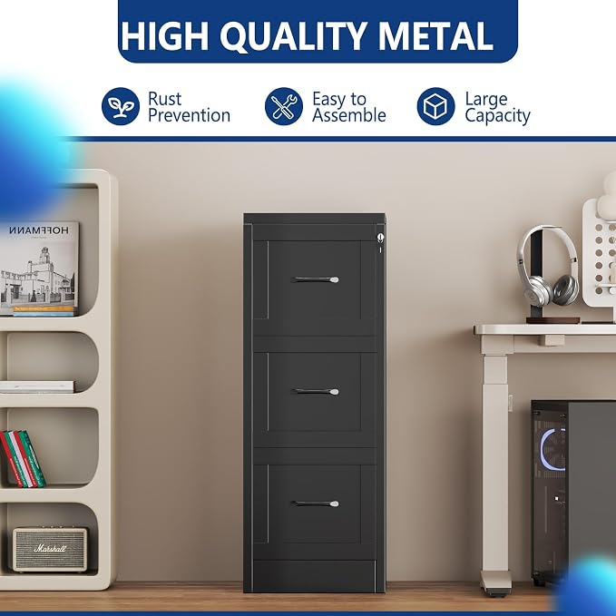 Ckzbx 3 Drawer File Cabinet with Lock, Narrow Vertical Filing Cabinet, Under Desk File Cabinets,Black Metal File Cabinets for Home Office,Fit Letter/A4/Legal Size File