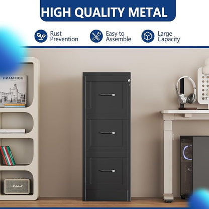 Ckzbx 3 Drawer File Cabinet with Lock, Narrow Vertical Filing Cabinet, Under Desk File Cabinets,Black Metal File Cabinets for Home Office,Fit Letter/A4/Legal Size File