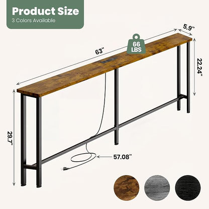GRLEAF 63" Narrow Console Sofa Table with Built-in Power Strip (2 AC Outlets & 2 USB Ports) – 4.9ft Power Cord, Metal Frame, Easy Assembly, Ideal for Behind Couch, Hallway, and Office | Rustic Brown