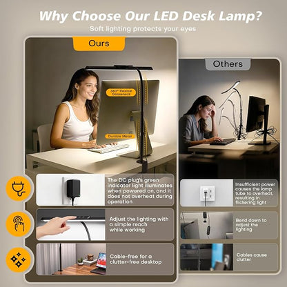 LED Desk Lamp for Office Home, Stepless Dimming Architect Desk Light with DC Adapter, Eye-Caring Desk Lamp with Clamp, 25 Lighting Modes Adjustable 12.8in Flexible Gooseneck for Workbench(Black)
