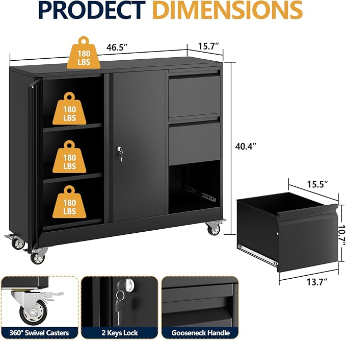 3 Drawer Metal File Cabinet with Wheels, Lockable Mobile Lateral Filing Cabinet for Home Office, Unique Gooseneck Edge Design, Fits Letter/A4/Legal Size, Under Desk Storage Cabinet, Black