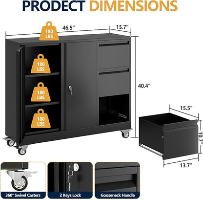 3 Drawer Metal File Cabinet with Wheels, Lockable Mobile Lateral Filing Cabinet for Home Office, Unique Gooseneck Edge Design, Fits Letter/A4/Legal Size, Under Desk Storage Cabinet, Black
